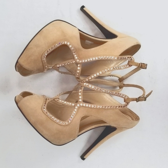 Fendi Beige Crystals Sandals Heels Pumps size 37.5 - Picture 4 of 11